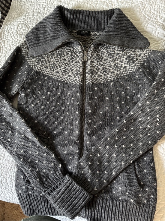Talbots Sweaters - Talbots Charcoal and White Zip-Front Fair Isle Cardigan